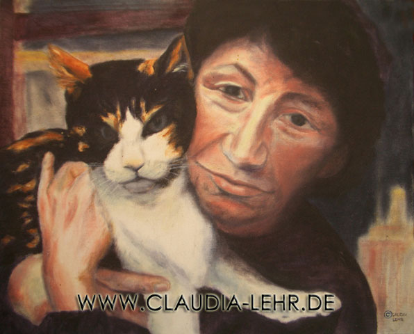 Claudia Lehr Kunstwerk: Portrait mit Katze, ?l auf Leinwand