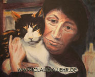 ... Claudia Lehr Kunstwerk: Portrait mit Katze, ?l auf Leinwand